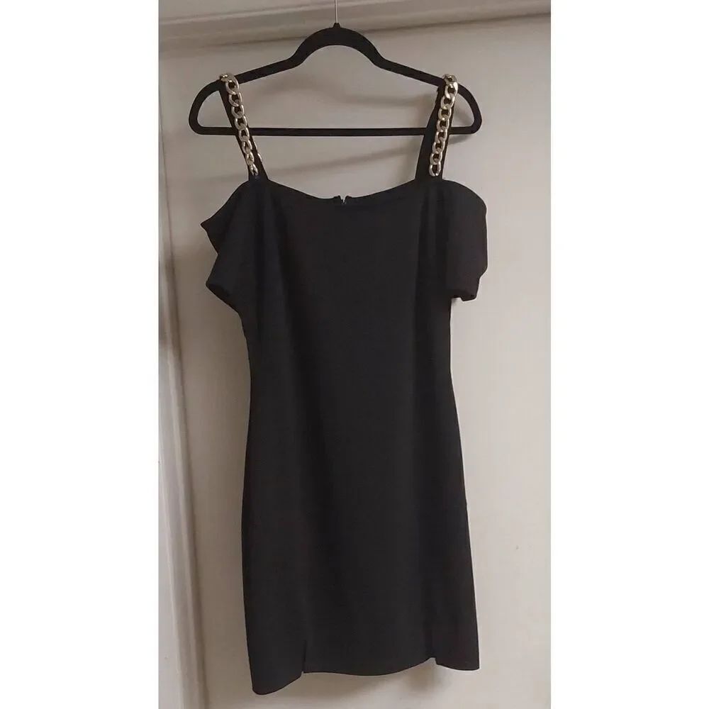 NWOT~JustFab Black & Gold Chain Shoulder Strap Accent Mini Dress Sz L